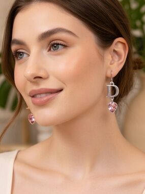 DIOR Vintage Silver Tone 'D' Drop Earrings w Pink Heart Crystals